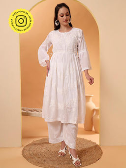 The Chikan Label - Nisa Mulmul Chiankari A-Line Kurti -White