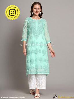 The Chikan Label - Naina Cotton Chikankari Straight Kurti With Inner - Sea Green