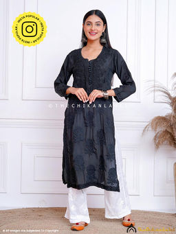 The Chikan Label - Black Gulaab Muslin Chikankari Straight Kurti