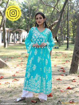 The Chikan Label - Biba Mulmul Cotton Chikankari Angrakha - Sea Green