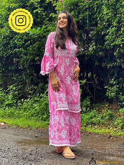 The Chikan Label - Ankita Sharma Bandhani Mulmul Chikankari Kurta With Palazzo - Pink