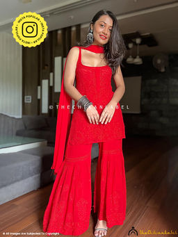The Chikan Label - Jia Viscose Chikankari Strappy Kurta Set With Dupatta - Red