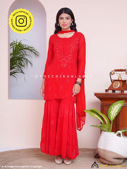 The Chikan Label - Red Haya Viscose Chikankari Kurta With Sharara