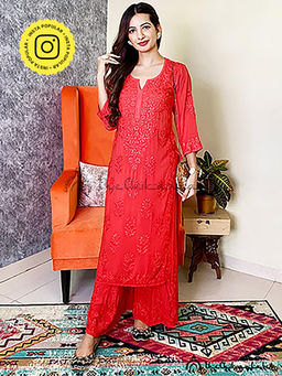 The Chikan Label - Red Roza Modal Chikankari Straight Kurta Set