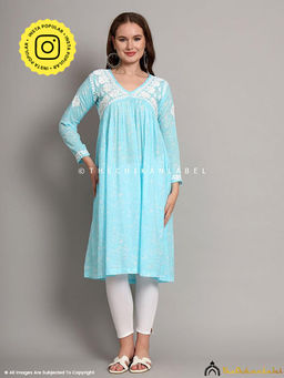 The Chikan Label - Alia Mulmul Chikankari Anarkali -Sky Blue