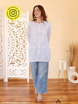 The Chikan Label - Aziza Rayon Chikankari Short Top - White