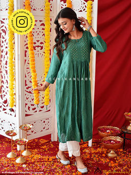 The Chikan Label - Green Rooh Chanderi Chikankari A-Line Kurti