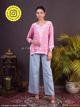 The Chikan Label - Sangeet Modal Chikankari Short Kurta-Baby Pink