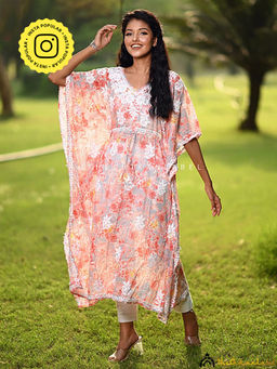 The Chikan Label - Faraha Mulmul Cotton Kaftan -Peach