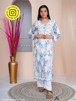 The Chikan Label - Sabiha Mulmul Chikankari Straight Kurti - Blue