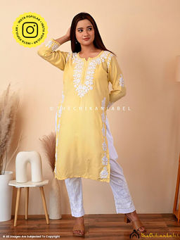 The Chikan Label - Aisha Rayon Chikankari Straight Kurti -Yellow