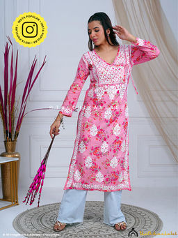 The Chikan Label - Qaifa Mulmul Cotton Chikankari Straight Kurti - Pink