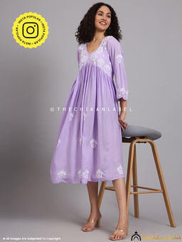 The Chikan Label - Aina Modal Chikankari Alia Cut A-Line Kurti -Lavender
