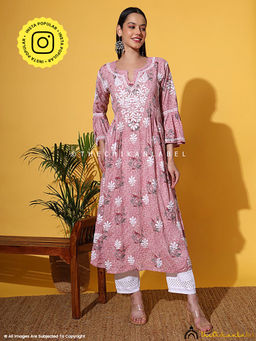 The Chikan Label - Zoha Mulmul Cotton Chikankari A-Line Kurti - Pink