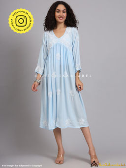 The Chikan Label - Aina Modal Chikankari Alia Cut A-Line Kurti -Powder Blue
