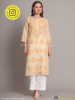 The Chikan Label - Naina Cotton Chikankari Straight Kurti With Inner - Beige