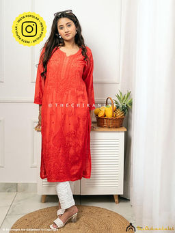 The Chikan Label - Jivika Muslin Chikankari Straight Kurti-Red