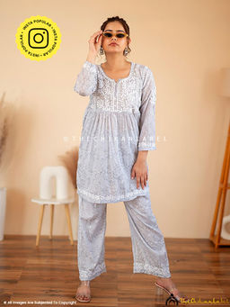 The Chikan Label - Kavya Mulmul Chikankari Kurta Set - Grey