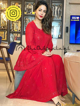 The Chikan Label - Hina Khan Red Hina Viscose Chikankari Kurta Sharara Set