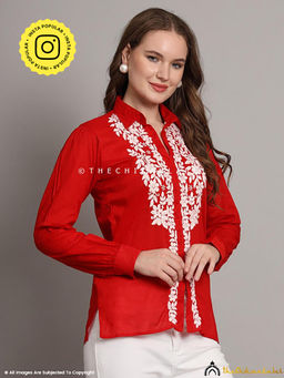 The Chikan Label - Drisha Mulmul Cotton Chikankari Top - Red