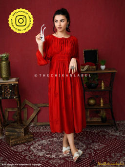 The Chikan Label - Embroidered Chikankari Muslin Red Midi Dress