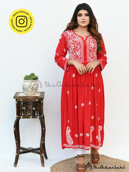 The Chikan Label - Embroidered Chikankari Rayon Red Anarkali Kurta