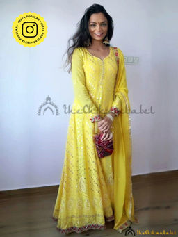 The Chikan Label - Embroidered Mirror Work Viscose Yellow Anarkali Kurta with Dupatta