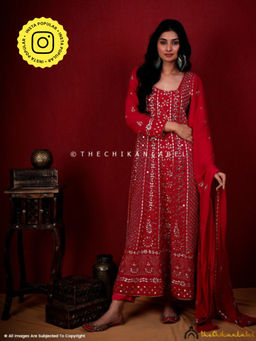 The Chikan Label - Embroidered Mirror Work Viscose Red Anarkali Kurta with Dupatta