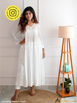 The Chikan Label - Embroidered Chikankari Muslin White Anarkali Kurta with Inner
