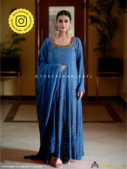The Chikan Label - Embroidered Chikankari Viscose Blue Anarkali Kurta with Dupatta