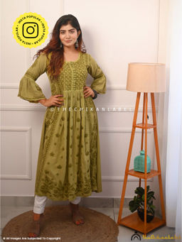 The Chikan Label - Embroidered Chikankari Modal Green Anarkali Kurta