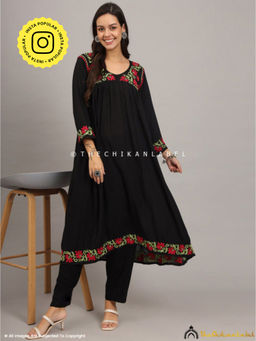 The Chikan Label - Floral Chikankari Modal Black Kurta