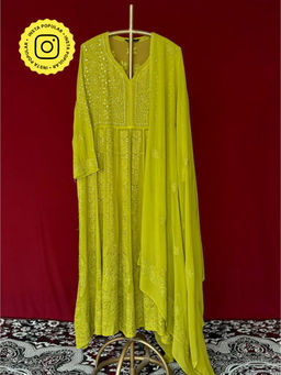 The Chikan Label - Embroidered Embellished/Sequined Viscose Green Anarkali Kurta