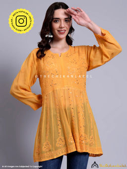 The Chikan Label - Drashi Viscose Chikankari Yellow Peplum Top
