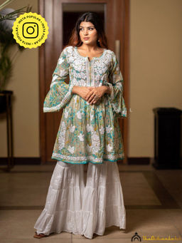 The Chikan Label - Hanifa Mulmul Chikankari Green Peplum Top