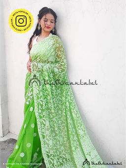 The Chikan Label - Green Sahira Georgette Chikankari Half Jaal Saree with Unstitched Blouse