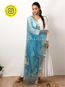 The Chikan Label - Blue Organza Floral Chikankari Dupatta