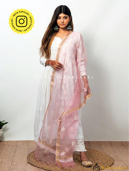 The Chikan Label - Pink Floral Chikankari Dupatta