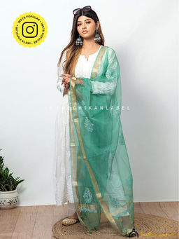 The Chikan Label - Green Organza Floral Chikankari Dupatta