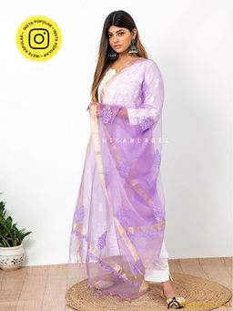 The Chikan Label - Lavender Organza Floral Chikankari Dupatta