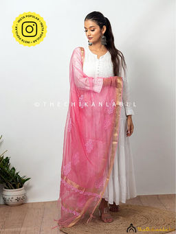 The Chikan Label - Pink Organza Floral Chikankari Dupatta