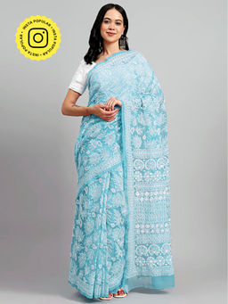 The Chikan Label - Sahida Sky Blue Authentic Chikankari Full Jaal Saree with Unstitched Blouse