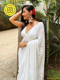 The Chikan Label - White Chandni Pure Viscose Chikankari Saree with Unstitched Blouse