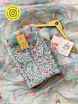 The Chikan Label - Grey Ahyana Printed Organza Chikankari Unstitched Kurta and Pant with Dupatta