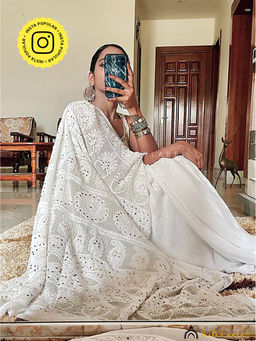 The Chikan Label - White Begum Viscose Chikankari Saree with Unstitched Blouse