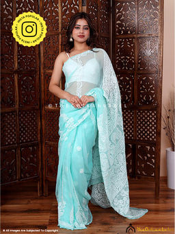 The Chikan Label - Sea Green Hamna Georgette Chikankari Saree with Unstitched Blouse