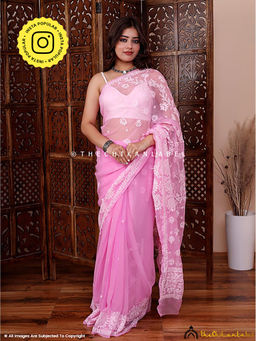 The Chikan Label - Pink Ifrah Georgette Chikankari Saree with Unstitched Blouse