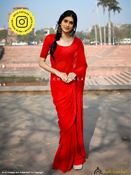 The Chikan Label - Red Maheera Viscose Chikankari Saree with Unstitched Blouse