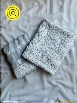 The Chikan Label - Ishanvi Georgette Chikankari Grey Unstitched Kurta and Pant with Dupatta