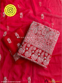 The Chikan Label - Ishanvi Georgette Chikankari Red Unstitched Kurta and Pant with Dupatta